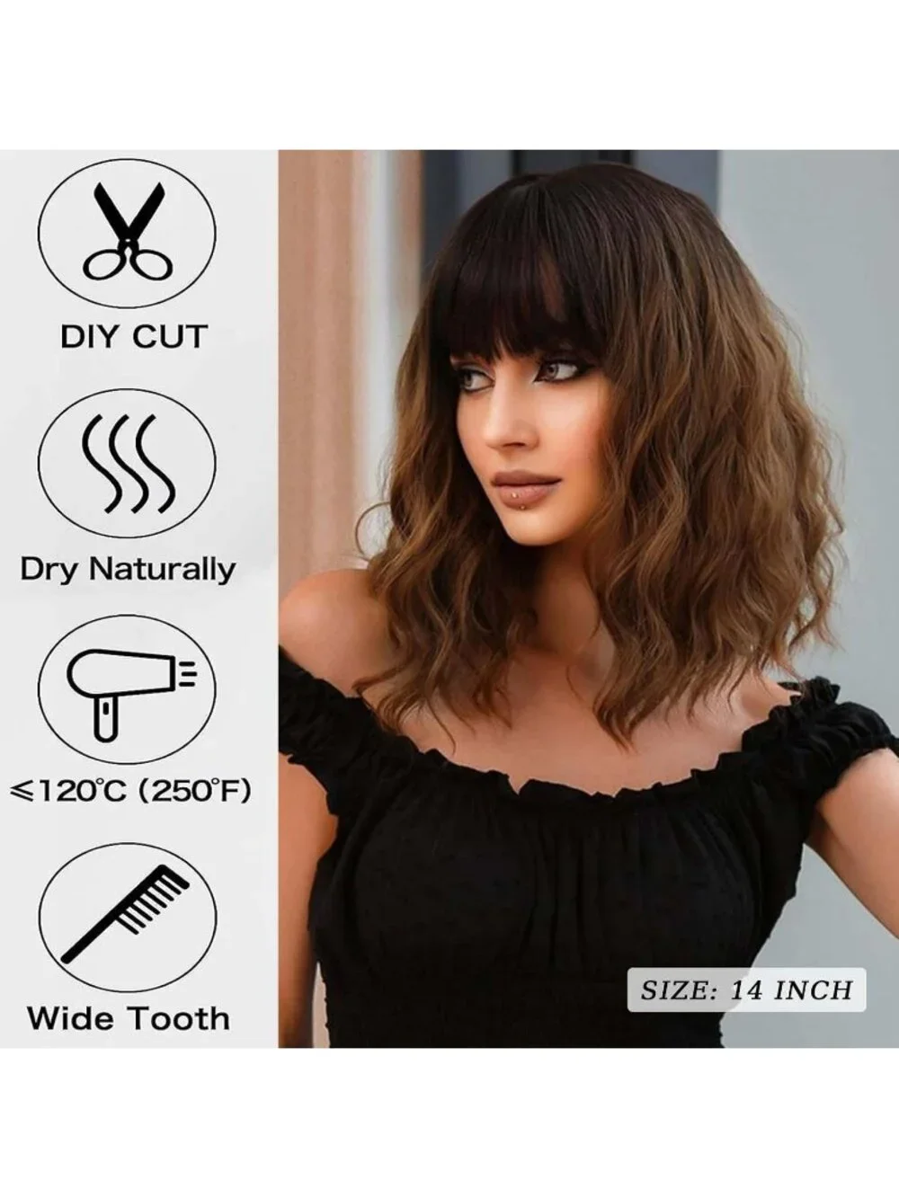 Women's Omber Brown 14 Inch Heat Resistant Short Bangs Bob Modern Wavy Wigs